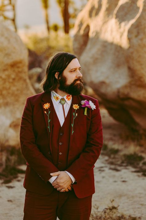 A Dreamy Desert Elopement In Joshua Tree National Park Full Of Romantic, Retro Vibes And Western Wea Mens Alternative Wedding Attire, Unique Groom Outfit, Retro Groom Attire, Western Wedding Men, Vegas Wedding Suit, Embroidered Suit Men, Western Groomsmen Attire, Western Wedding Suit, Modern Boho Outfit