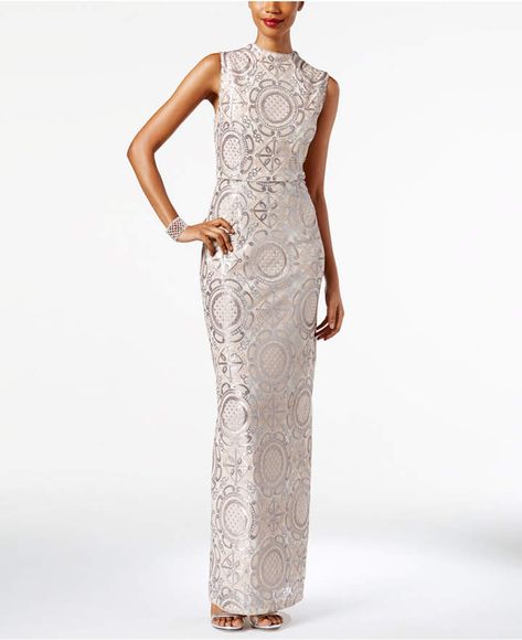 Adrianna Papell Embellished Mock-Neck Column Gown Knee Length Cocktail Dress, Beaded Cocktail Dress, Taffeta Dress, Column Gown, Sequin Maxi Dress, Sequin Maxi, Popular Dresses, Cocktail Evening Dresses, Beaded Gown