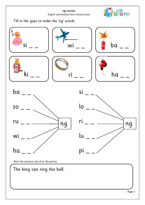 ng words - Letters and Sounds by URBrainy.com Blending Letters, Phonics Lesson Plans, Reading Kindergarten, Ch Words, Th Words, Words English, Phonics Worksheets Free, Reading Comprehension For Kids, Cvc Words Kindergarten