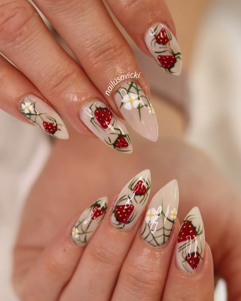 It’s berry season🕷️🕸️🍓 . . nails #nailusa #nailart #naildesign #nailsofInstagram #naildesigns #nailsoftheday #naildesignsideas #acrylic #acrylicnails #raleigh #durham #raleighnails #trend #trendynails #springnails #summernails #funnails #colorfulnails #strawberrynails #spidernails Strawberry Halloween, Movie Nails, Strawberry Nails, Season Nails, Sassy Nails, Goth Nails, Simple Gel Nails, Nail Stuff, Nail Sets