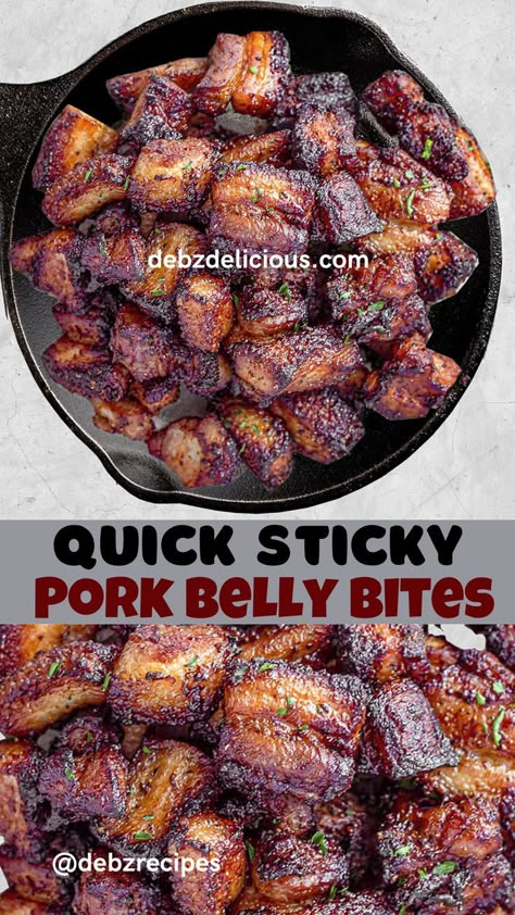 pork bites, sticky pork belly bites, boneless pork bites, crispy pork bites, garlic pork bites Pork Belly Croutons Pioneer Woman, Pioneer Woman Pork Belly Croutons, Simple Pork Belly Recipe, Sweet And Sticky Pork, Pork Belly Sticky Rice, Best Pork Belly Recipe Oven, Sticky Chinese Pork Belly, Pork Belly Steak Recipes, Side Pork How To Cook