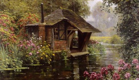 The painter of pretty Normandy; Louis Aston Knight - Picture post! - Normandy Then and Now Louis Aston Knight, Fairytale Cottage, Boat House, Amazing Paintings, Cottage Art, Knight Art, 수채화 그림, Cottage Garden, Beautiful Paintings