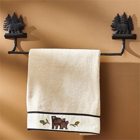 Bathroom Towel Bars, Rustic Towel Bar, Small Half Bath, Tahoe Cabin, Woodland Bear, Fox Decor, Bathroom Themes, Bathroom Red, Park Designs