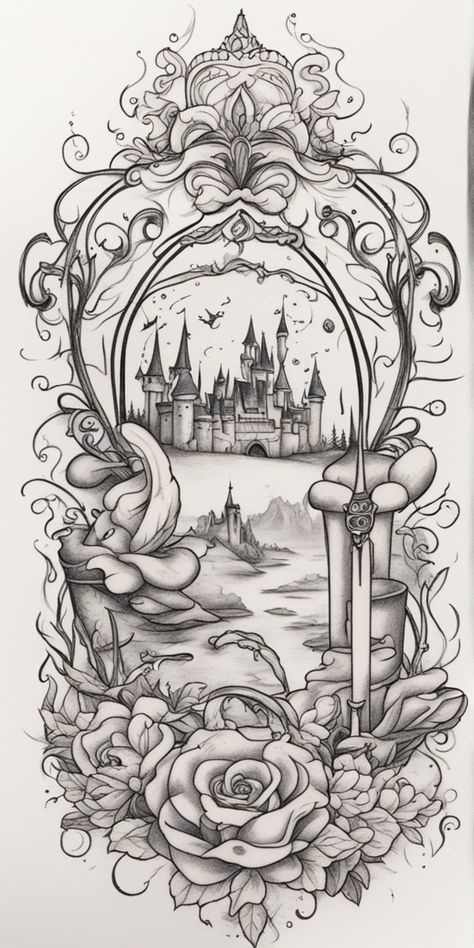 Cinderella Tattoo Sleeve, Evil Queen Tattoo, Fairytale Tattoo Ideas, Disney Tattoo Designs, Château Disney, Castle Tattoos, Disney Tattoo Ideas, Disney Castle Tattoo, Dark Disney Tattoo