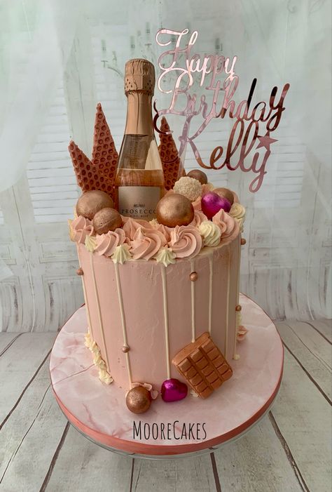 Prosecco Birthday Cake, Prosecco Cake, Mini Prosecco Bottles, 21st Birthday Cakes, Pink Birthday Cakes, Pink Birthday, Drip Cakes, 21st Birthday, Diaper Cake