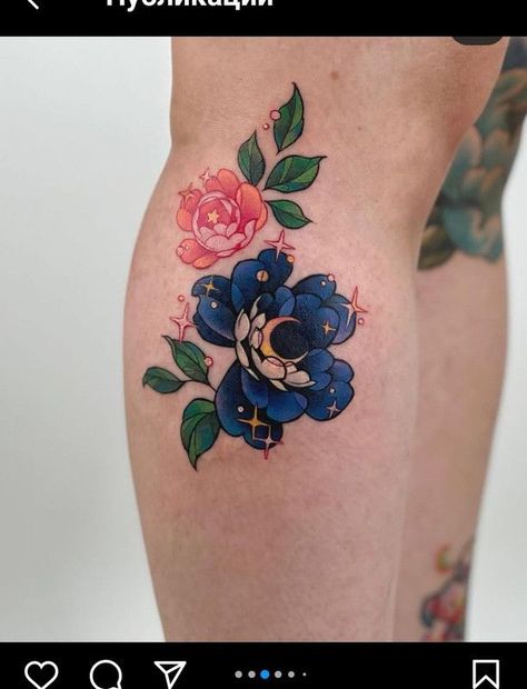 Illustrative Color Tattoo, Colour Peony Tattoo, Pastel Tattoo Sleeve, Pretty Color Tattoos, Colored Peony Tattoo, Space Flower Tattoo, Disney Floral Tattoo, Whimsical Flower Tattoo, Floral Color Tattoo