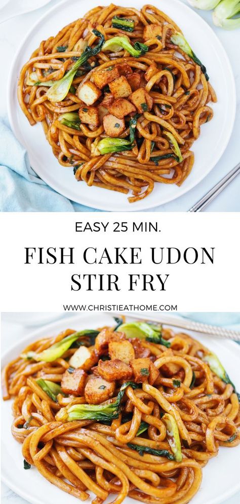 Fish Cake Udon Stir Fry. Savoury chewy udon noodles with a soy sauce base paired with bouncy fish cakes and crunchy leafy greens. Ready in 20 minutes and great for dinner time! #udonstirfry #udonnoodles #noodles #udon #japanesefood #japaneserecipe Fish Cake Udon, Fish And Noodles Recipes, Noodles Udon, Easy Fish Cakes, Stir Fry Fish, Udon Stir Fry, Udon Noodles Recipe, Asian Seafood, 2024 Meals