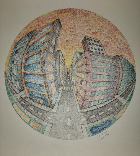 Sunset city in 5 point perspective (fisheye) made with fineliners in stippling style. 4 Point Perspective Drawing Buildings, Fisheye Building Drawing, 5 Point Perspective City, Fisheye City Drawing, Five Point Perspective Drawing, Fish Eye Pov Drawing, 0.5 Drawing Perspective, Fisheye Art Perspective, Point Perspective Drawing