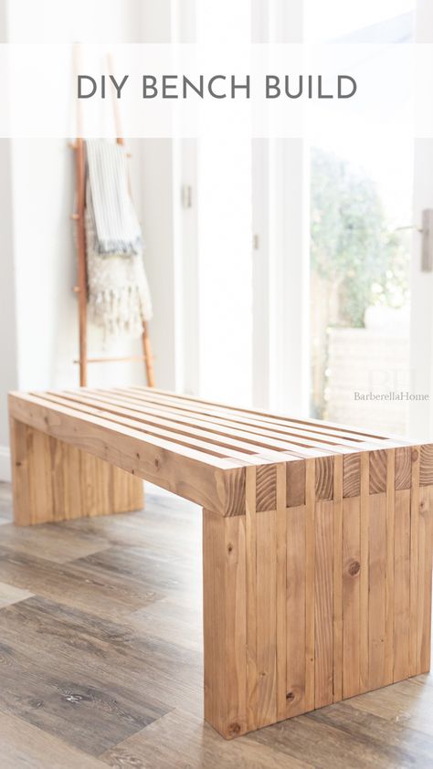 Super easy DIY bench build with 2x4 studs and 1x4 common pine boards. Easy Diy Wood Bench, Easy Pine Wood Projects, Diy Benches Entryway, 2x4 Bench Plans, Simple Wood Bench Diy, 2 X 4 Bench Diy, Diy Potting Bench Plans, Diy Plant Bench Indoor, Easy Wooden Bench