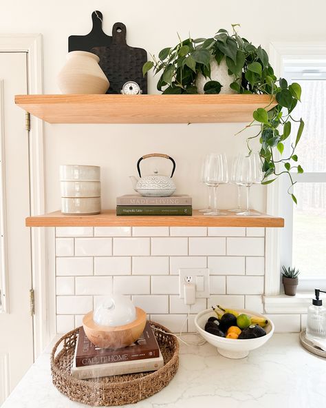 The shelves that are forever changing… Switched it up yesterday for a fresh look! Do you have shelving in your kitchen? Drop an emoji below if so! #kitchendesign #kitchen #floatingshelves #neutraldecor #minimalstyle #styleinspiration #decor Open Kitchen Shelf Styling, Open Shelves Kitchen Styling, Styling Open Shelves In Kitchen, Styling Kitchen Shelves, Kitchen Floating Shelves Decor, Kitchen Shelf Styling, Floating Kitchen Shelves, Kitchen Floating Shelves, Kitchen Shelving