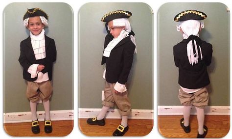 George Washington, History Day at Stratford Classical Christian Academy, made by Carmen Sánchez-Buster, Felt and Yarn for the hair (attached to hat), old hat painted black, gold trim, foam paper for the shoe buckle, recycled woman's jackets (white; for the ruffles), kids tuxedo (only some stitching so not to ruin the jacket) George Washington Hat Template, George Washington Costume For Kids, Diy George Washington Costume, Thomas Jefferson Costume, Benjamin Franklin Costume, Colonial Costumes For Boys, George Washington Costume, Popeye Costume, Wax Museum Project