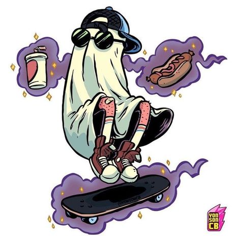 Skate Art Illustration, Ghost Tattoo Design, Skater Ghost, Skate Drawing, Ghost Graffiti, Ghost Skateboarding, Ghost Drawings, Skate Tattoo, Ghost Haunting