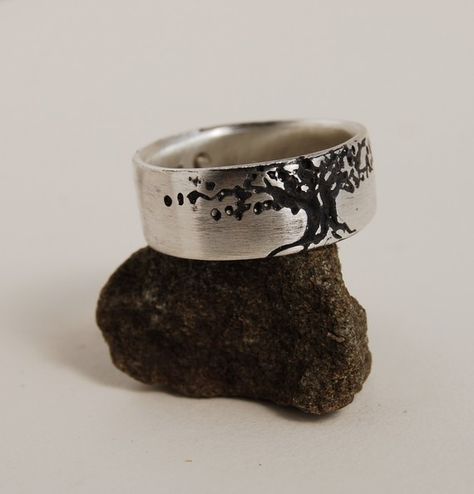 Ring Tree of Life 8mm band Sz 5 to 8 Brush by LStellaJewelry, $72.00 Blackthorn Tree, Ring Tree, Silver Wedding Ring, Tree Rings, Tree Hugger, Silver Wedding Rings, Mens Band, Wide Bands, Silver Wedding