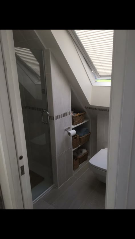 Bathroom Tiny Bathroom Sloped Ceiling, Small Shower Room Sloped Ceiling, Tiny Attic Ensuite, Tiny Bathroom With Skylight, Tiny Attic Bathroom, Small Ensuite Shower Room Sloping Roof, Slanted Ceiling Bathroom, Loft Bathroom Ideas, Attic Shower