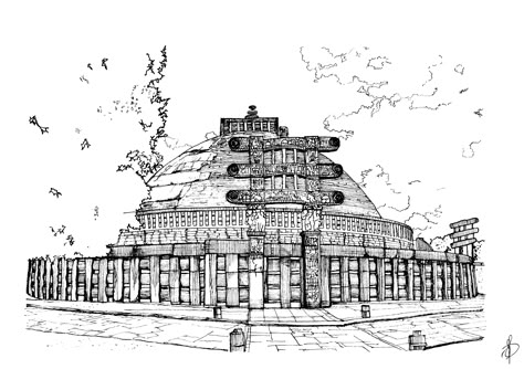 Sanchi Stupa Drawing, Buddhist Architecture Sketches, Sanchi Stupa Sketch, Stupa Drawing, Great Stupa At Sanchi, Academic Portfolio, Architecture Sheets, Fine Art Sketches, Drawing Class Ideas