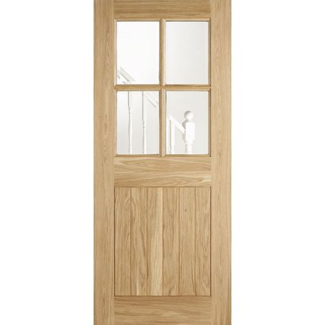 LPD External Adoorable Oak Cottage 4L Door with Clear Bevelled Double Glazing - LPD from Leader Doors UK Japanese Washroom, Oak Doors With Glass, Wooden Glass Door, Wood Front Entry Doors, House Security, Oak Door, Brick Cladding, Wooden Front Door Design, Glazed Doors