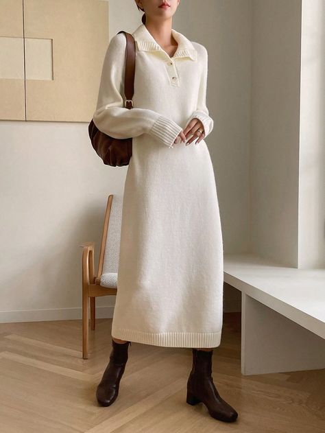 DAZY Polo Neck Raglan Sleeve Split Hem Sweater DressI discovered amazing products on SHEIN.com, come check them out! Sweater Midi Dress Outfit, Minimal Sweater, Beige Sweater Dress, Modest Winter Outfits, Winter Maxi, Midi Dress Outfit, Hem Sweater, Polo Style, Sweater Dress Midi