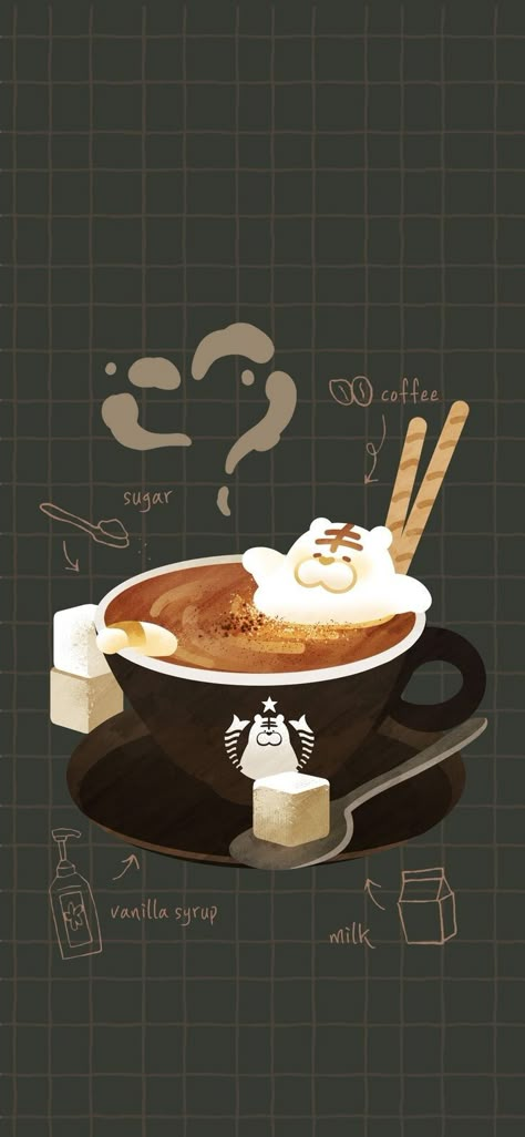 Coffee Themed Wallpaper, Cute Cafe Wallpaper, Food Wallpaper Aesthetic Iphone, Coffee Lockscreen Aesthetic, Food Cartoon Wallpaper, Wallpaper Iphone Coffee, Coffee Lockscreen, Food Lockscreen, Coffee Wallpaper Aesthetic