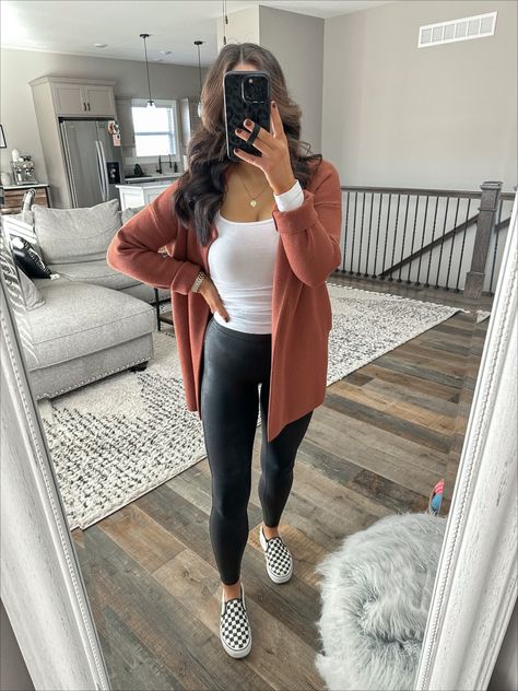 Legging With Jean Jacket Outfit, Cute Legging Outfits For Work, Fall Outfit With Leather Leggings, Fall Work Outfits Leggings, Simple Fall Outfits Leggings, Vans Outfit Womens Winter, Outfits With Leggings And Cardigans, Leggings Outfit Cardigans, Vans Styling Outfits