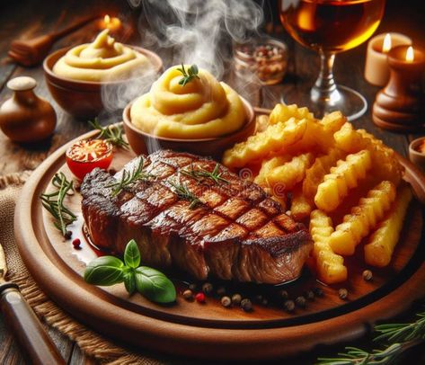 A grilled smoking sirloin steak perfect cook in wood dish, potatoes veggies, rustic table setting stock photography Meat Chips, Kangaroo Steak, Kangaroo Recipe, Rustic Table Setting, Chicken Lunch, Wood Dishes, Takeout Food, Tasty Meat, Sirloin Steak