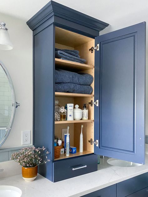 Bathroom Pull Out Cabinet, Small Bathroom With Storage Cabinets, Custom Bathroom Vanity Storage Ideas, Bathroom Cabinet On Countertop, Double Vanity Storage Ideas, Bathroom Counter Top Cabinet, Bathroom Counter With Cabinet In Middle, Countertop Bathroom Storage, Bathroom With Upper Cabinets