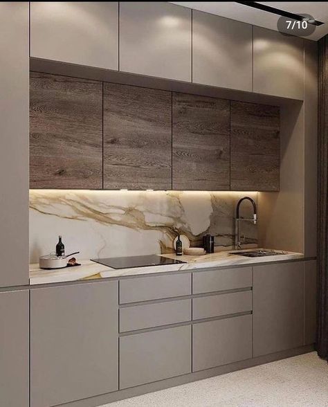 Wooden Marble Kitchen, Beige And Walnut Kitchen, Kitchen Ideas Modern Wood, Kashmir Kitchen, Straight Kitchen Design, Kichen Desine Idea Modern, Grey Wood Kitchen, Kichen Desine, Cappuccino Kitchen