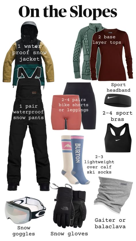 This is an estimation of what you’ll need to get through a day of skiing. This is based on preferences I’ve developed over the years. I personally prefer a quarter zip to a crewneck base layer top because it helps with temperature regulation. I also prefer bike shorts to leggings because it’s easier to keep them out of your ski boots. Styles for ski pants and jackets is purely a matter of personal preference but keep in mind if you wear a bib (overalls) you have to take everything off to go to the bathroom. This slide does not include traditional rental gear like boots or helmet. Snow Pants Outfit, Ski Outfit Aesthetic, Ski Trip Packing List, Ski Trip Packing, Ski Base Layers, Winter Outer, Winter Outfits Snow, Snowboarding Trip, Ski Outfit