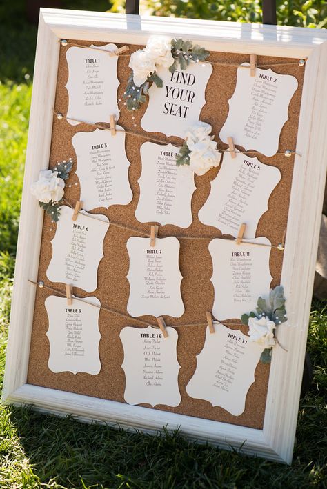 Cork board wedding seating chart #seatingassignments #seatingchart #weddingtables Bulletin Board Seating Chart Wedding, Cork Board Wedding Seating Chart, Wedding Table Number Assignments, Cork Board Wedding Ideas, Simple Wedding Seating Chart Display, Wedding Seating Plan Board, Assigned Tables Wedding Seating Charts, Easy Diy Wedding Seating Chart, Table Number Display Seating Charts