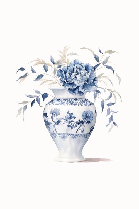 Ginger Jar Wall Art Instant Download Luxury Vase, Chinoiserie Vase, Leaf Vase, Peony Art, White Peony, Flower Leaves, White Peonies, Ginger Jar, Art Blue