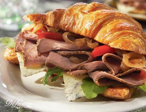 Roast Beef and Monterey Blue Croissant Sandwich from Di Lusso Deli Company Deli Roast Beef Sandwich Recipes, Roast Beef Croissant, Deli Roast Beef Sandwich Cold, Roast Beef Croissant Sandwiches, Deli Roast Beef Sandwich, Roast Beef Grilled Cheese Sandwich, Hormel Recipes, Croissant Sandwich, Sliced Roast Beef