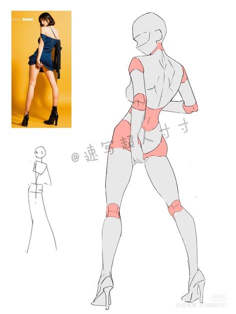 Anime Poses Reference1 Fashion illustration with pose guide and reference photo in heels and dress. | Sky Rye Design Dynamic Back Poses, Standing Art Reference Poses, Thigh Up Pose Reference, Laid Down Pose Reference, Fedora Drawing Reference, Crouching Pose Reference Perspective, Behind Pose Reference Drawing, Cool Action Poses Reference Drawing, Body Types Women Reference