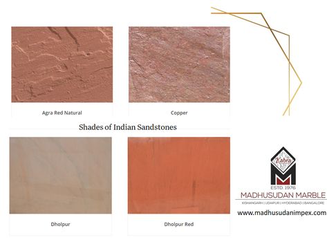 Indian sandstone suitable for domestic and commercial use. Owing to their natural beauty, these natural sandstones from India are used for interior as well as exterior decoration including flooring, paving, wall cladding, etc. The weather resistant natural sandstones are extremely hard and tough material. Available in different finishes and sizes. The array includes agra red natural,copper,dholpur,dholpur red etc. Website: www.madhusudanimpex.com  Email: madhusudanmarble@gmail.com Indian Sandstone, Exterior Decoration, Red Indian, Wall Cladding, Exterior Decor, Natural Resources, Agra, Weather Resistant, Labor