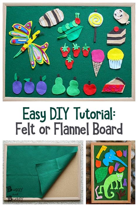 Easy DIY Felt Board or Flannel Board- Simple tutorial and great for use in preschool and early childhood classrooms for story retelling, story sequencing, and encouraging creativity. #buggyandbuddy #felt #feltboard #diy #ece #earlychildhood #toddler #toddlerplay #preschool Diy Flannel Board How To Make, Flannel Story Templates Free Printables, Diy Felt Preschool, Homemade Felt Board, Diy Flannel Board Stories, Felt Story Boards Ideas Diy, Felt Learning Board, Diy Velcro Board, Circle Time Felt Board