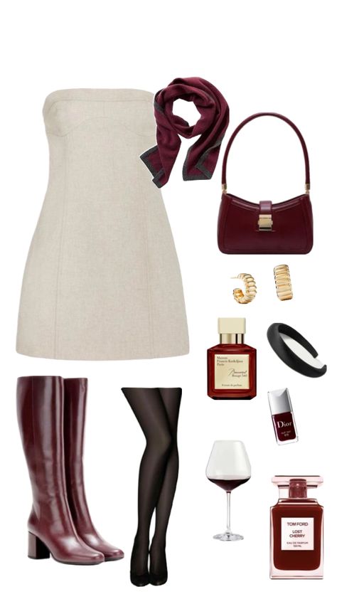 Outfit With Burgundy Boots, Cherry Boots Outfit, Geneva Core, Cherry Aesthetics Outfit, Wine Outfits For Women, Cherry Girl Outfit, Cherry Red Outfit Ideas, Red Cherry Outfit, Burgundy Dress Accessories