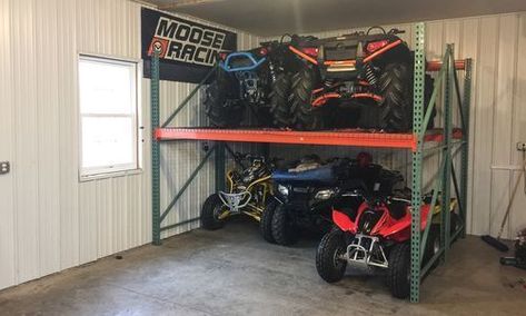 Snowmobile Storage, Atv Storage, Garage Shop Ideas, Garage Organization Shelves, Garage Wall Shelving, Garage Hacks, Garage Organization Systems, Garage Organisation, Storage Ideas Diy