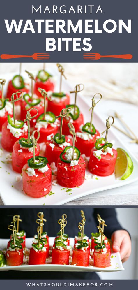 Finger Foods Outdoor Party, Finger Food Summer, Cocktail Night Food Ideas, Appetizer For Outside Party, Watermelon Hors D'oeuvres, Appetizers With Alcohol, Watermelon Appetizers For Party, Serving Drinks At A Party, Party Food Classy