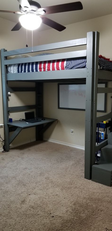 Loft Beds With Desk Underneath, Diy Bed With Desk Underneath, Lift Bedroom Ideas, Diy Desk Under Loft Bed, Loft Bed With Stairs And Desk, Diy Bunk Bed With Desk, Built In Loft Bed With Stairs, Bed With Desk Under, Loft Bed Desk Underneath