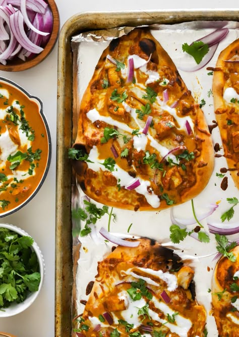 Butter Chicken Naan Tacos, Butter Chicken Nachos, Butter Chicken Naan Pizza, Butter Chicken Flatbread, Butter Chicken With Naan, Butter Chicken Naan, Chicken Naan Pizza, Butter Chicken Pizza, Naan Pizzas