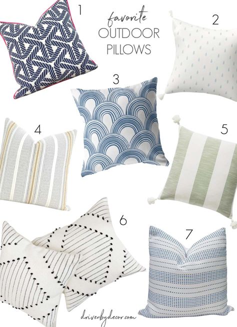 Love these outdoor pillow covers - a favorite outdoor decor idea! Outdoor Accent Pillows, Blue And White Outdoor Pillows, Outdoor Pillows Ideas Color Schemes Blue, Outdoor Throw Pillow Ideas, Patio Throw Pillows, Patio Pillows Outdoor Ideas, Outdoor Pillows Waterproof, Outdoor Pillow Combinations, Outdoor Throw Pillows Color Schemes