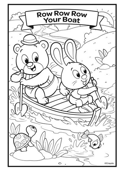 Nursery Rhymes, Row Row Row Your Boat | crayola.com Nursery Rhymes Coloring Pages, Row Row Row Your Boat Craft, Nursery Rhyme Coloring Pages, Row Row Row Your Boat Activities, Boat Coloring Page, Free Nursery Rhymes, Nursery Rhymes Preschool Crafts, Row Row Row Your Boat, Nursery Rhymes Preschool