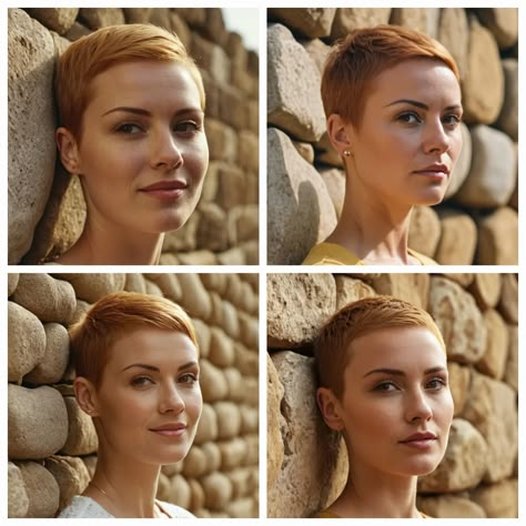 4 women, 4 ginger pixiecuts. Women with honey ginger short and simple pixiecut. All women are stanting next to stone wall. Colors of hair and wall seems merge. Generated by AI (Stable diffusion). #aicreation #hairstyle #aimodels #aihairstyle #stablediffusion #stonewall #shorthair #pixiecut #gingerhair #eyecatching Ginger Hair Short Pixie, Redhead Pixie Haircut, Pixie Haircut Emma Watson, Emma Watson Short Hair Pixie, Amelie Aesthetic, Colors Of Hair, Ginger Pixie, Scarlet Johanson Pixie Haircut, Very Short Pixie Haircut