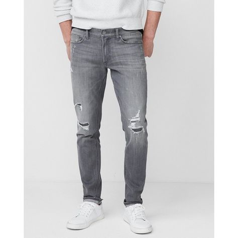 Express Skinny Gray Destroyed Stretch+ Jeans ($88) ❤ liked on Polyvore featuring men's fashion, men's clothing, men's jeans, grey, mens torn jeans, mens grey skinny jeans, mens ripped jeans, mens distressed jeans and mens super skinny jeans Mens Distressed Jeans, Mens Ripped Jeans, Gray Denim Pants, Torn Jeans, Ripped Jeans Men, Jeans Grey, Jeans Mens, Grey Denim, Ripped Jeans