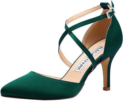 Amazon.com | ElegantPark HC1901 Dark Green Heels Pointed Toe Shoes for Heels and Pumps Cross Strappy High Heels Pumps Satin Wedding Evening Party Dress Shoes US 9 | Pumps Reception Shoes, Prom Pumps, Green High Heels, Wedding Evening Party, Pointy Heels, Strappy Shoes, Green Heels, Bridal Heels, Bridesmaid Shoes