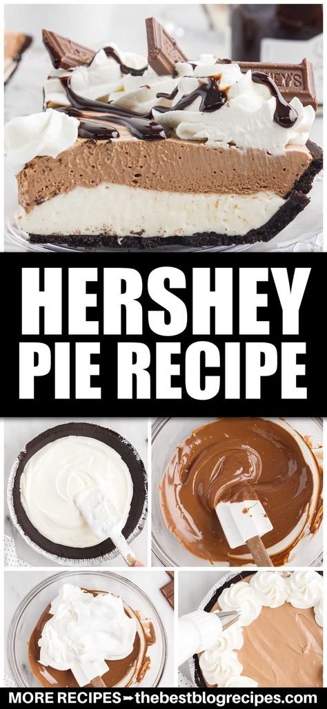 Easy no-bake Hershey Pie is made from layers of chocolate bars, marshmallow fluff, cream cheese, and whipped cream. Hershey Pie Recipe, Hershey Chocolate Pie, Hershey Pie, Homemade Chocolate Pie, Cool Whip Pies, Chocolate Pie Filling, Chocolate Cream Pie Recipe, Chocolate Pie Recipes, Chocolate Crust