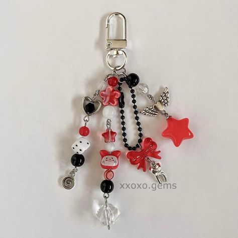 Red And Black Bead Keychain, Red Keychain Aesthetic, Concert Freebies, Red Keychain, Matching Couple Bracelets, Cork Ornaments, Couples Bracelets, Black Keychain, Beaded Keychain