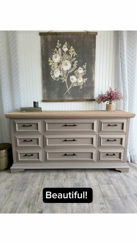 Designer Dresser Furniture, Two Color Dresser Makeover, Paint And Stained Furniture, White And Natural Wood Furniture, Diy Paint Furniture Ideas, Dresser Restoration Ideas, Paint A Dresser Diy, Custom Dresser Ideas, Decorate Above Dresser