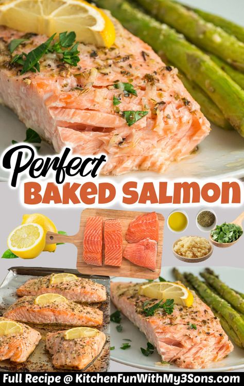 With lemon and Italian seasoning, this Oven Baked Salmon Recipe is tender, flaky, and super flavorful. The best part? It's ready in just 25 minutes! Perfect for busy weeknights and special occasions! Season Salmon Baked, Whole Salmon Filet Recipes Baked, How Long Do You Bake Salmon In The Oven, How To Season Salmon For The Oven, Best Way To Cook Salmon In Oven, Baked Salmon Filet Recipes Oven, Salmon In Oven Recipes, Oven Baked Salmon Recipe, How To Bake Salmon In Oven