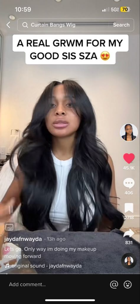 Curtain Bangs Long Hair Layers Wig, Frontal With Curtain Bangs, Jayda Wayda Curtain Bangs, Curtain Bangs Wig Install, Curtain Bangs Black Women Layered, Middle Part With Long Bangs, Long Black Hair With Layers Black Women, Jayda Middle Part, Jayda Wayda Bangs