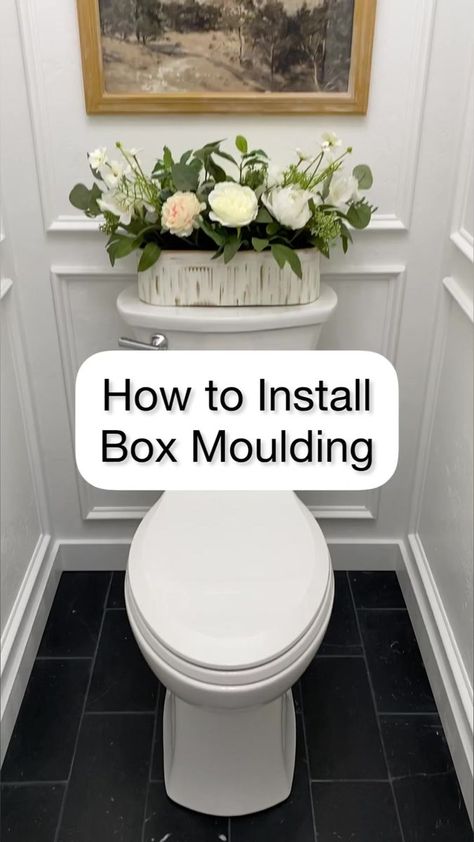 Moulding is one of my favorite ways to give a space character! This style is often called box moulding or picture frame moulding. More details here -> https://howwedo.net/box-molding-wall/ #bathroommakeover#bathroomremodel #bathroomdesign #molding #WallMolding #wallmoulding #moulding #diyhomeimprovement | How We Do | How We Do · Original audio Box Moulding, Picture Frame Moulding, Painting Concrete Porch, Diy House Renovations, Picture Frame Molding, Toilet Room, Concrete Porch, Wall Molding, Painting Concrete