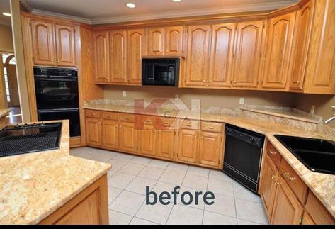 Redoing Old Kitchen Cabinets, Old Wood Cabinets Makeover, Painted Cabinets Kitchen Before After, Refurbishing Kitchen Cabinets, How To Modernize Oak Cabinets, New Countertops On Old Cabinets, Redo Cabinets Kitchen, Old Wooden Kitchen Cabinets Makeover, Refinished Cabinets Kitchen